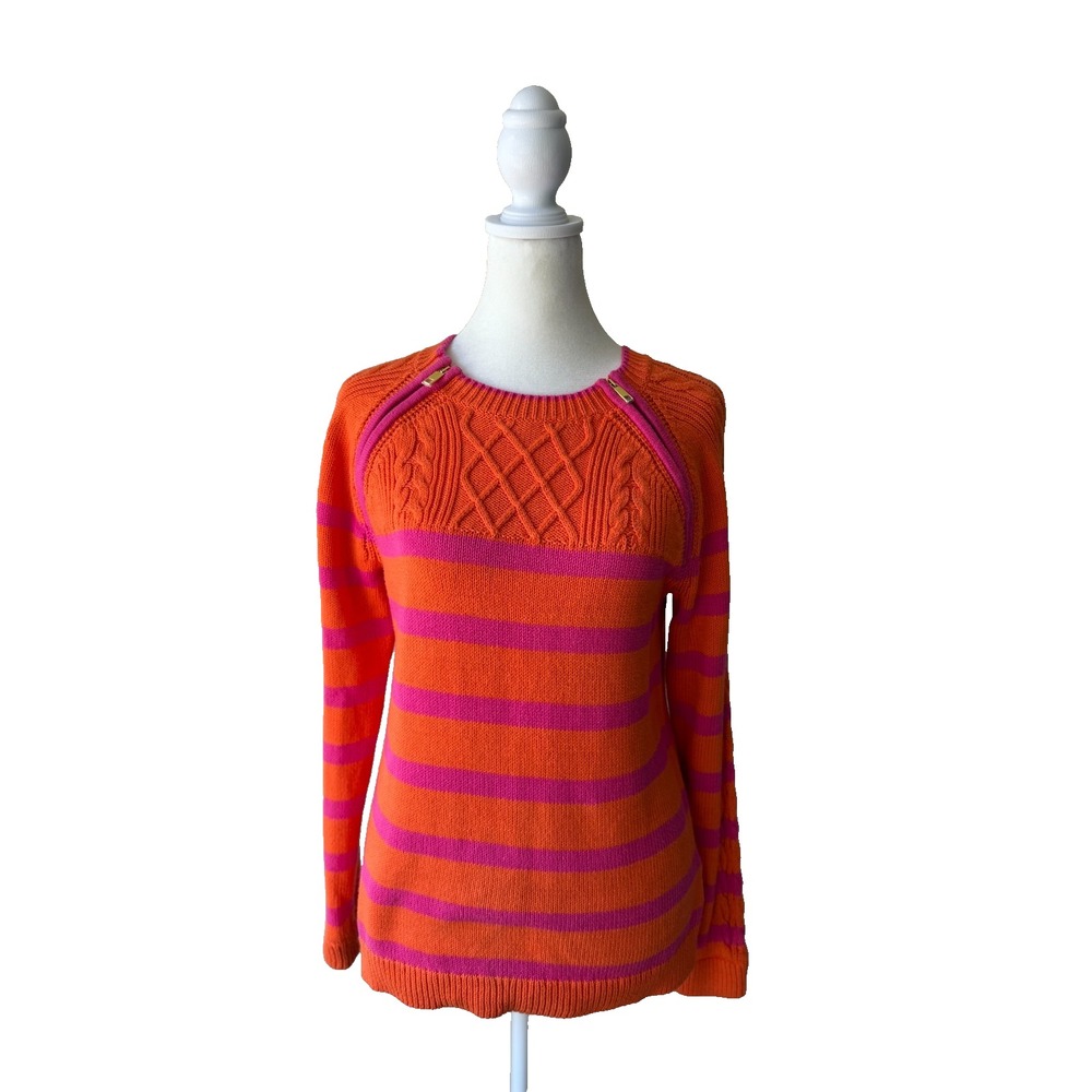 Talbots Women's S Cable Knit Striped Sweater Orange Pink Zip Detail‎ Cotton